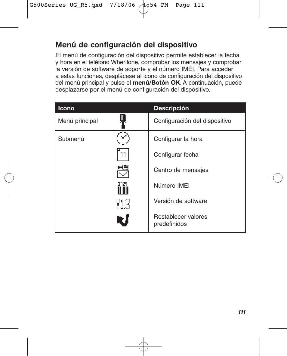 Menú de configuración del dispositivo | Wherify Wireless Wherifone G500 Series User Manual | Page 129 / 148