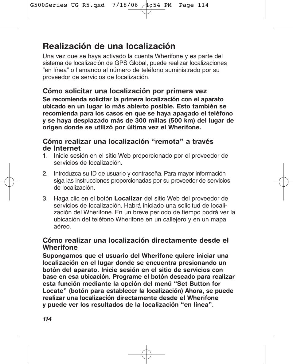 Realización de una localización | Wherify Wireless Wherifone G500 Series User Manual | Page 132 / 148