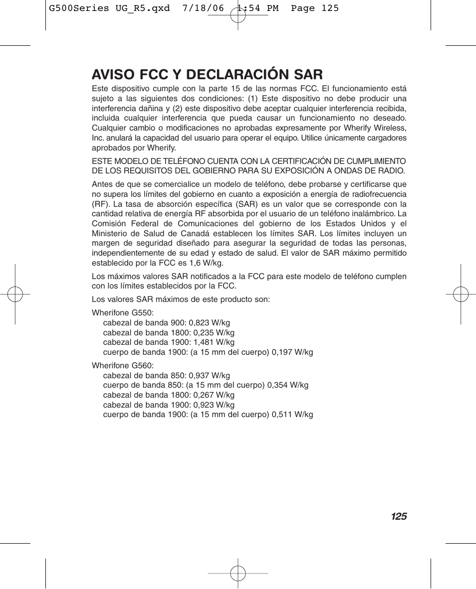 Aviso fcc y declaración sar | Wherify Wireless Wherifone G500 Series User Manual | Page 143 / 148