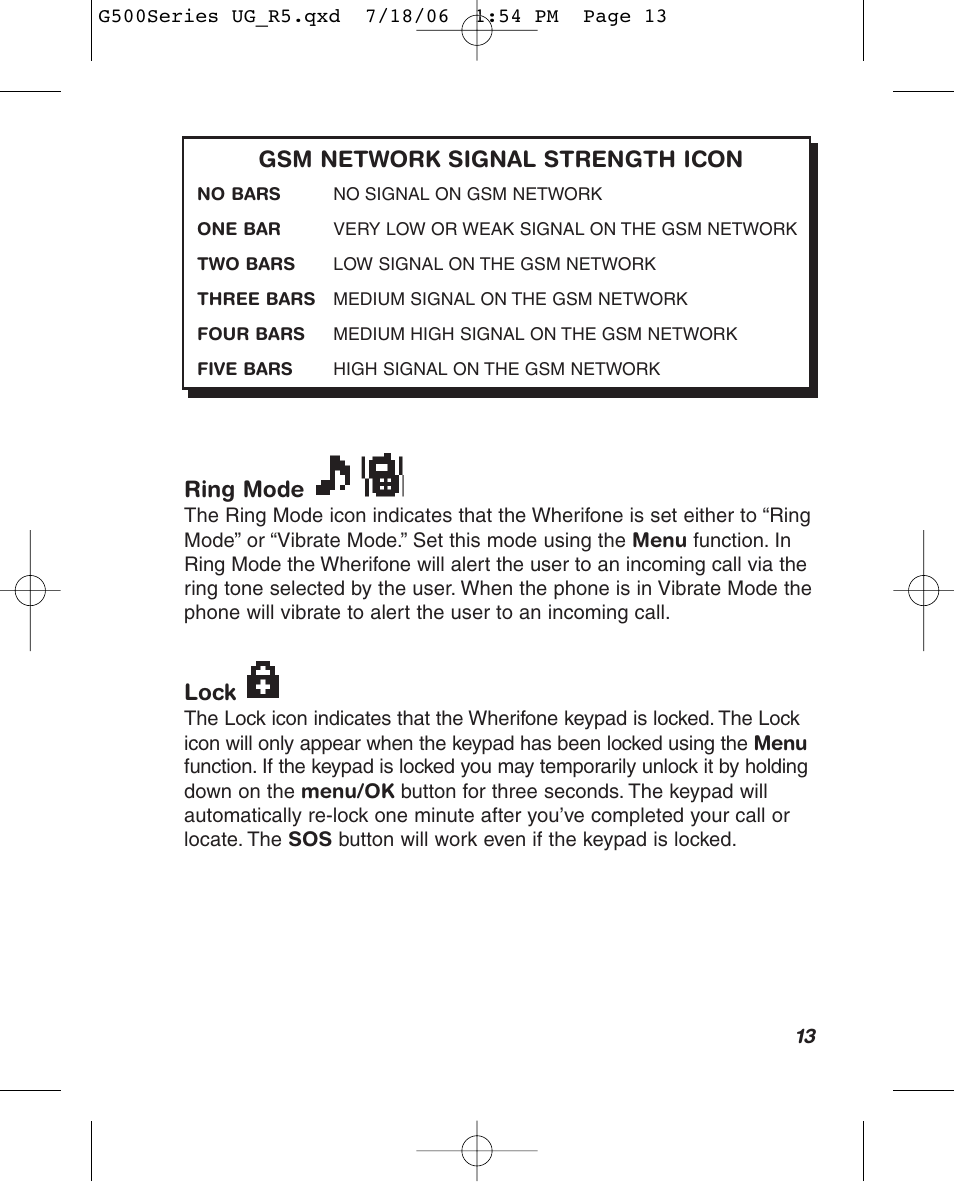 Ring mode, Lock, Gsm network signal strength icon | Wherify Wireless Wherifone G500 Series User Manual | Page 19 / 148