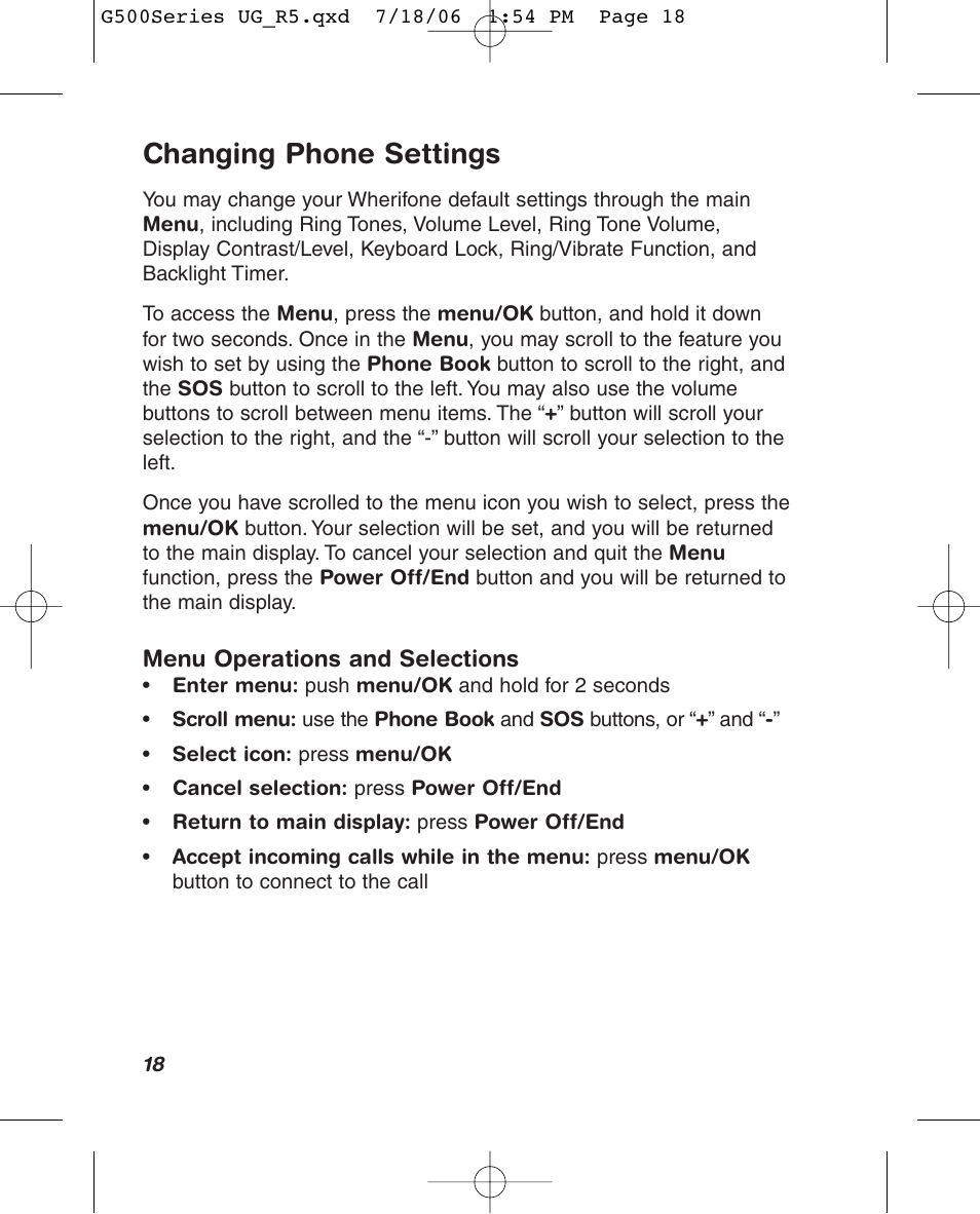 Changing phone settings | Wherify Wireless Wherifone G500 Series User Manual | Page 24 / 148