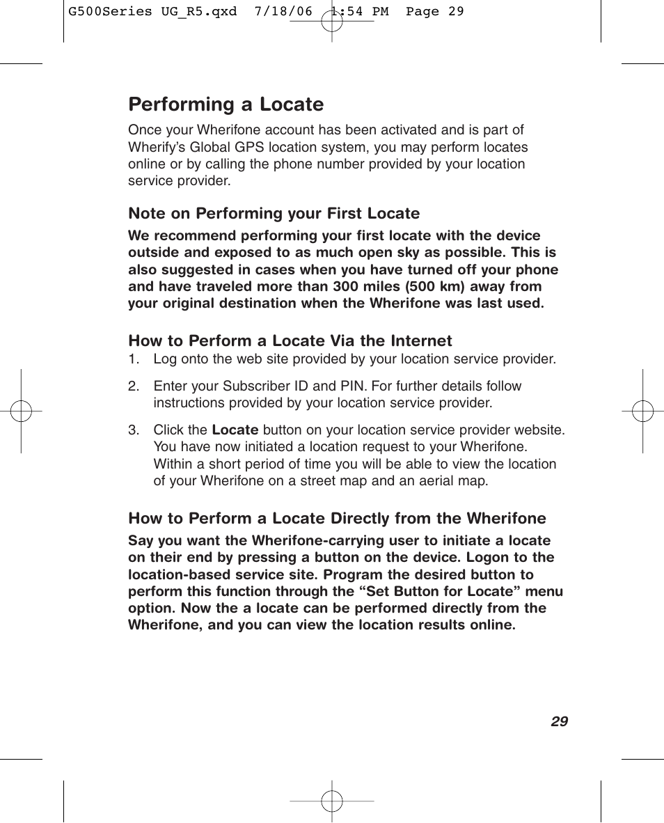 Performing a locate | Wherify Wireless Wherifone G500 Series User Manual | Page 35 / 148