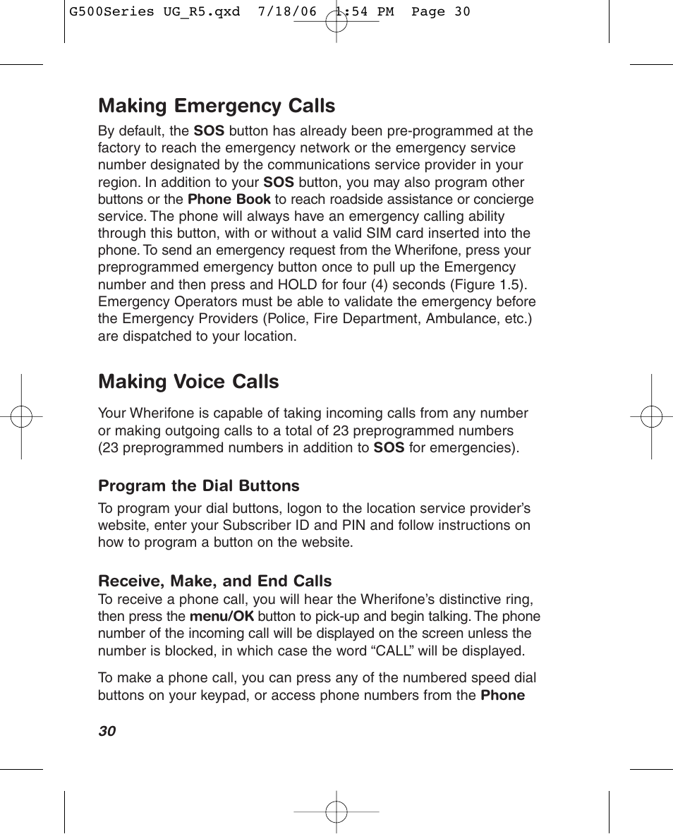Making emergency calls, Making voice calls | Wherify Wireless Wherifone G500 Series User Manual | Page 36 / 148