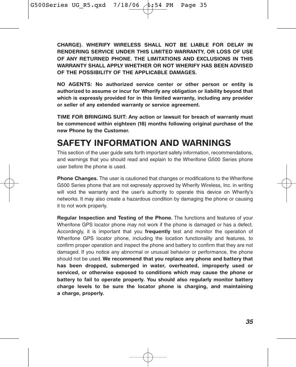 Safety information and warnings | Wherify Wireless Wherifone G500 Series User Manual | Page 41 / 148