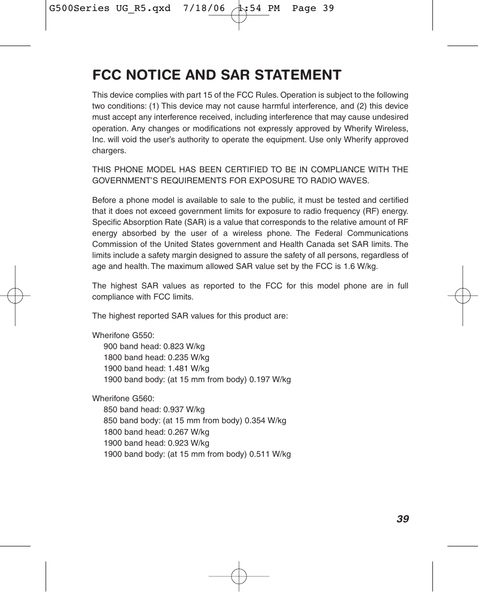Fcc notice and sar statement | Wherify Wireless Wherifone G500 Series User Manual | Page 45 / 148