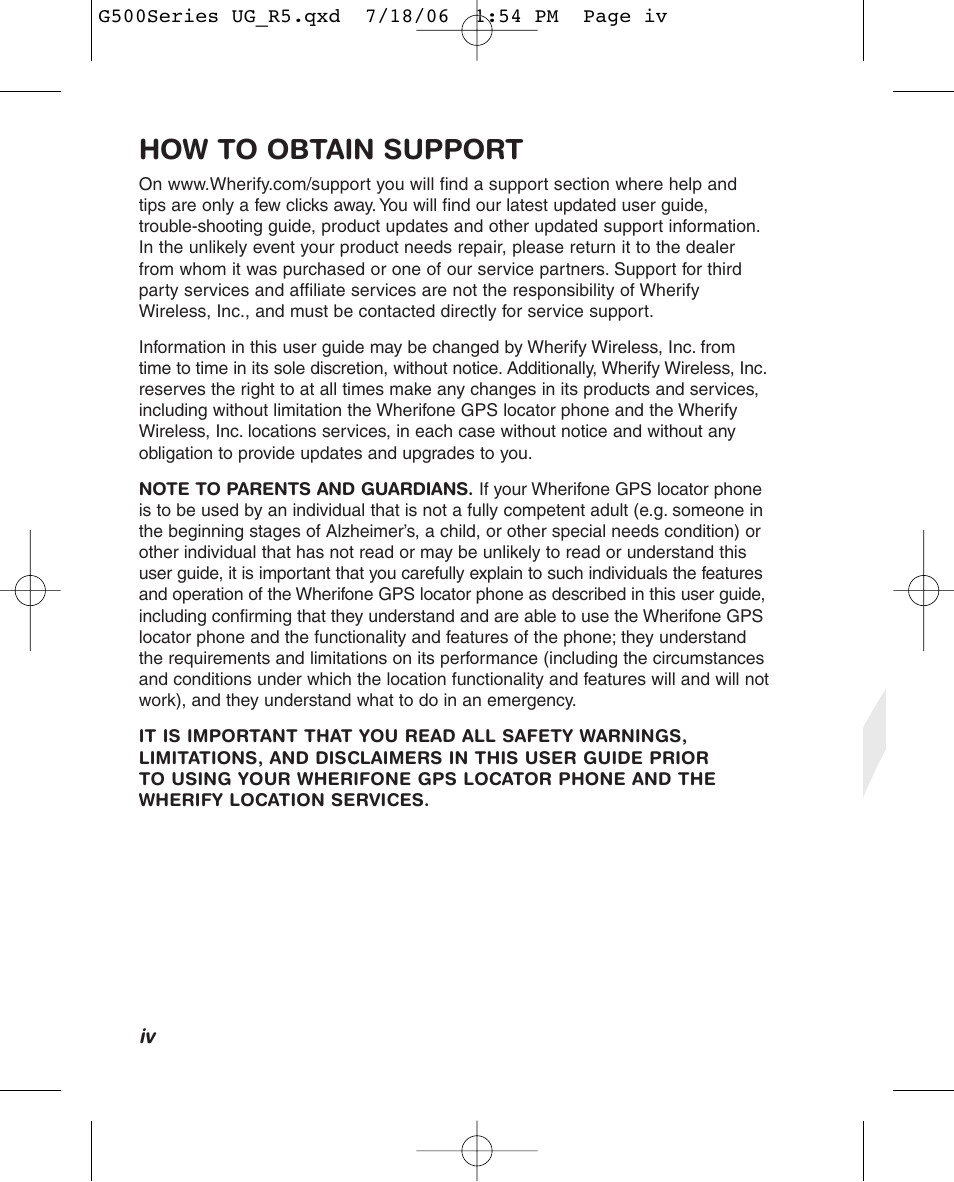 How to obtain support | Wherify Wireless Wherifone G500 Series User Manual | Page 6 / 148