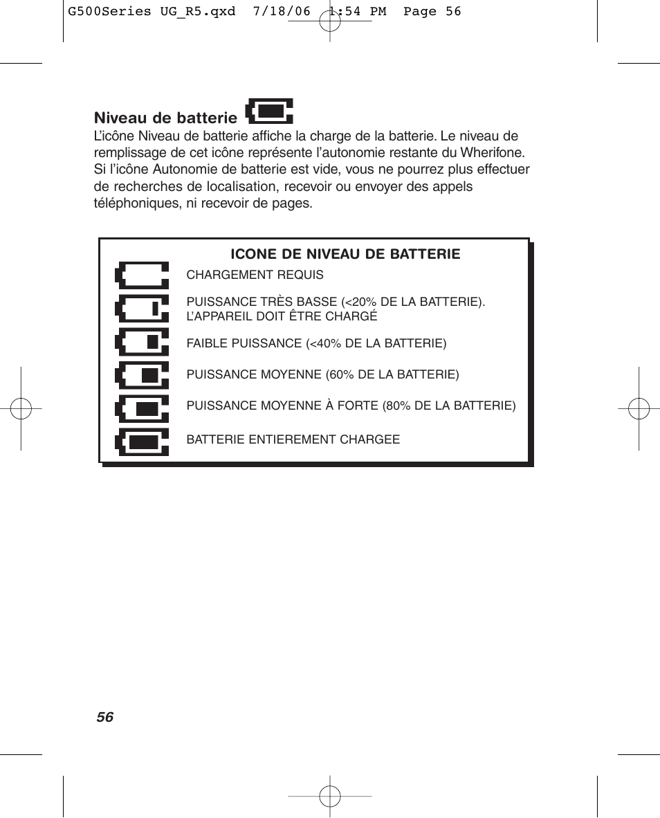 Niveau de batterie | Wherify Wireless Wherifone G500 Series User Manual | Page 68 / 148