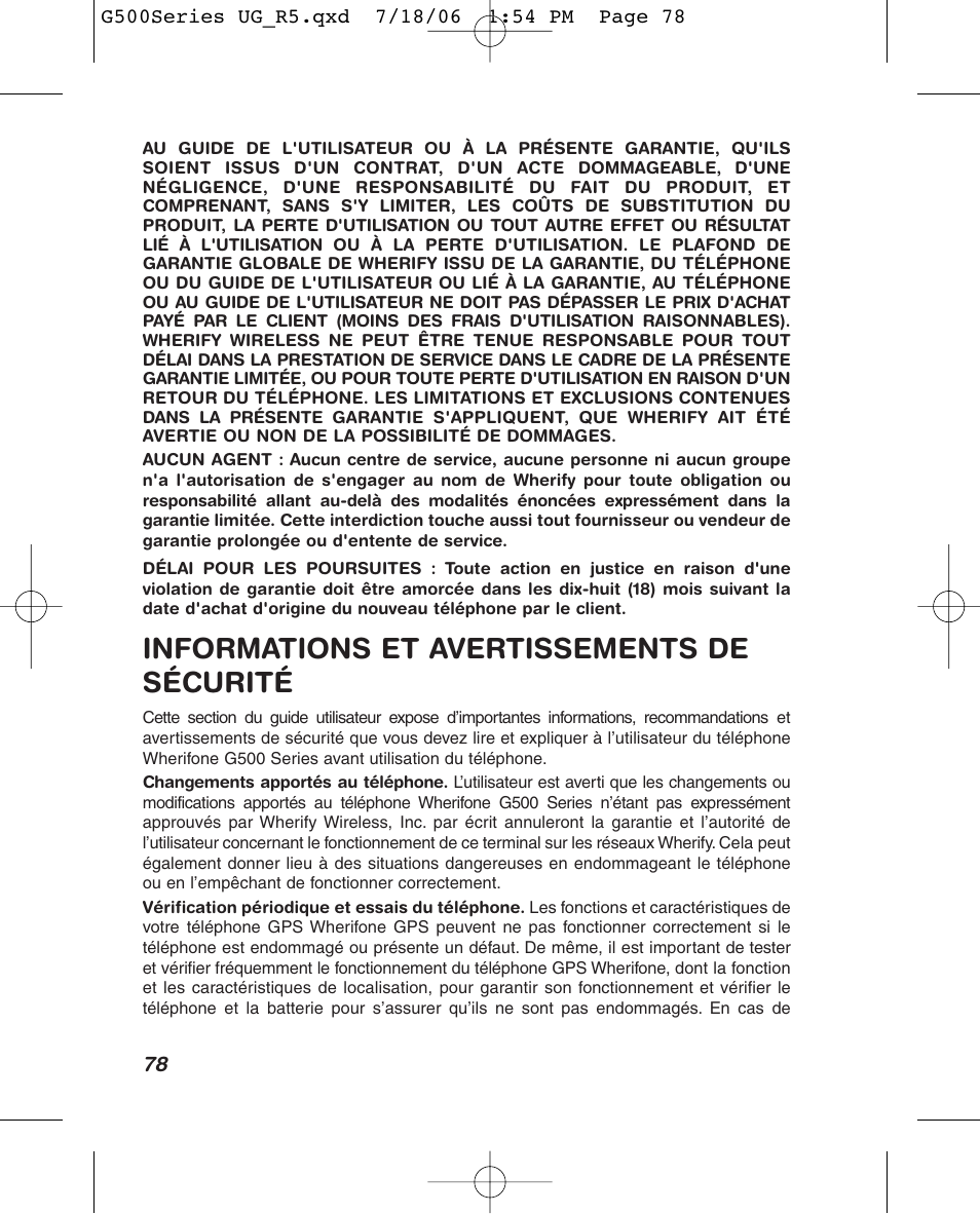 Informations et avertissements de sécurité | Wherify Wireless Wherifone G500 Series User Manual | Page 90 / 148