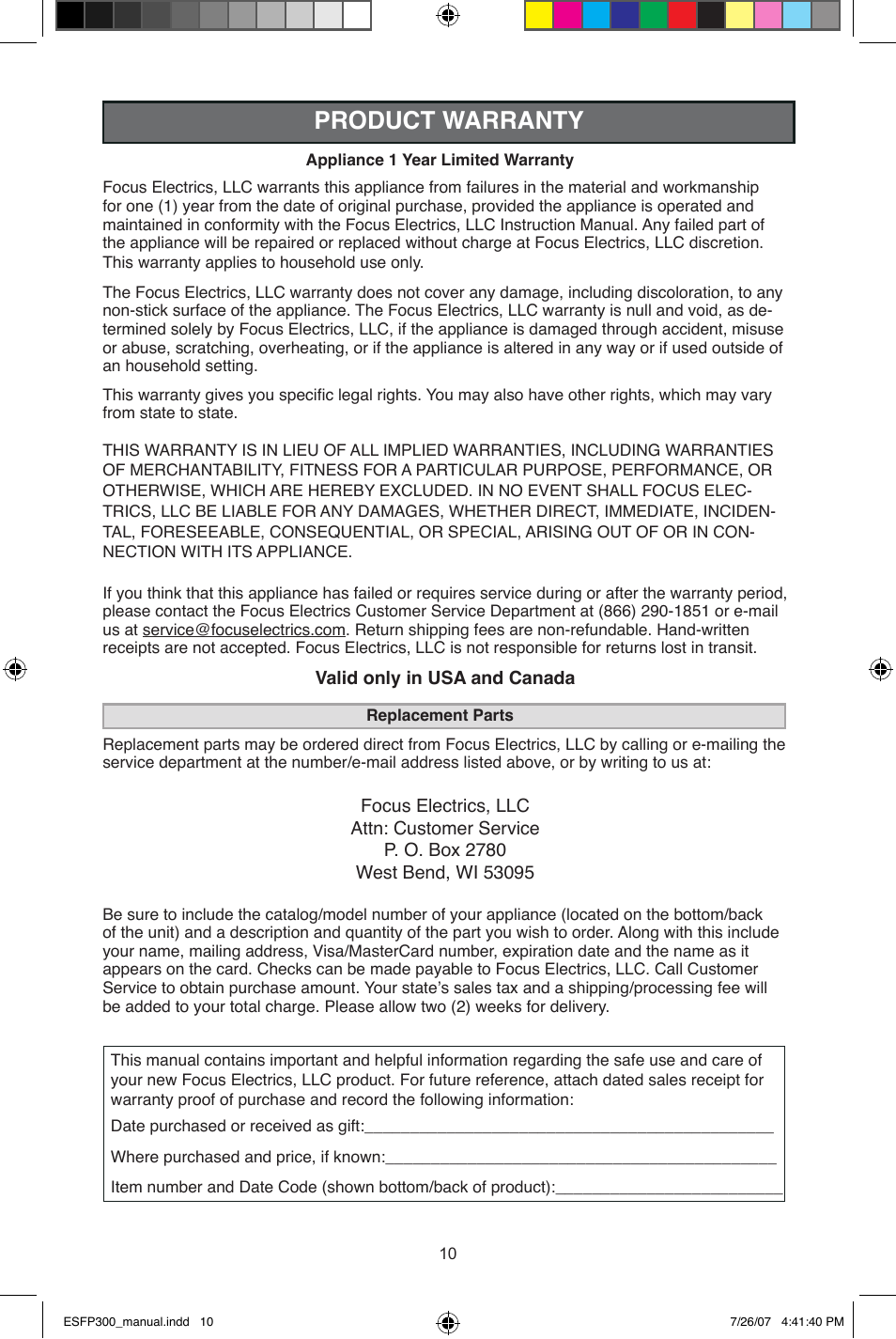 Product warranty | West Bend ESFP300 User Manual | Page 10 / 31