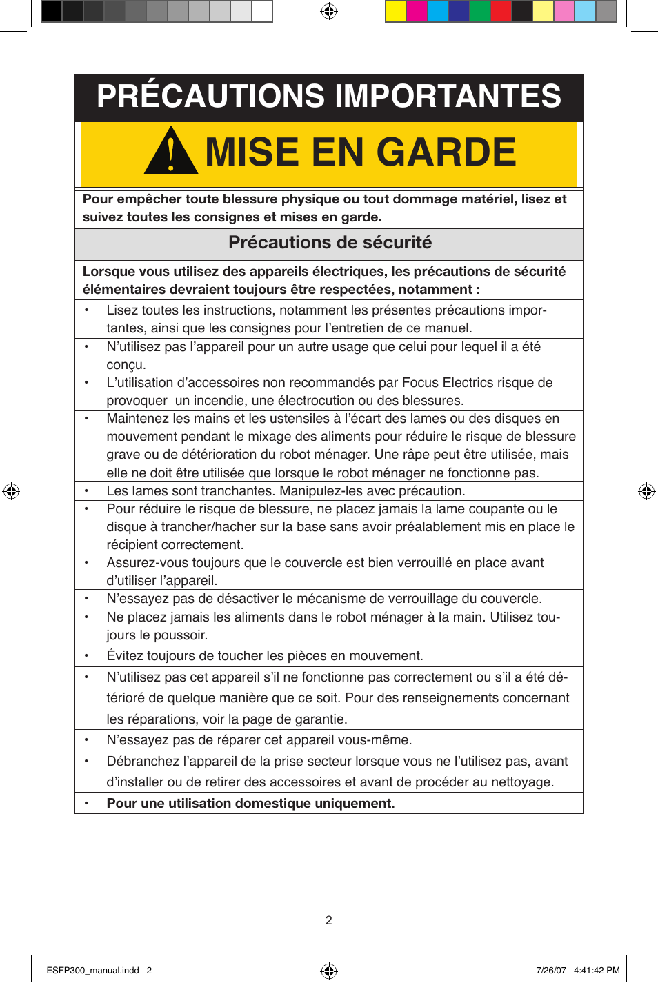 Mise en garde, Précautions importantes, Précautions de sécurité | West Bend ESFP300 User Manual | Page 12 / 31