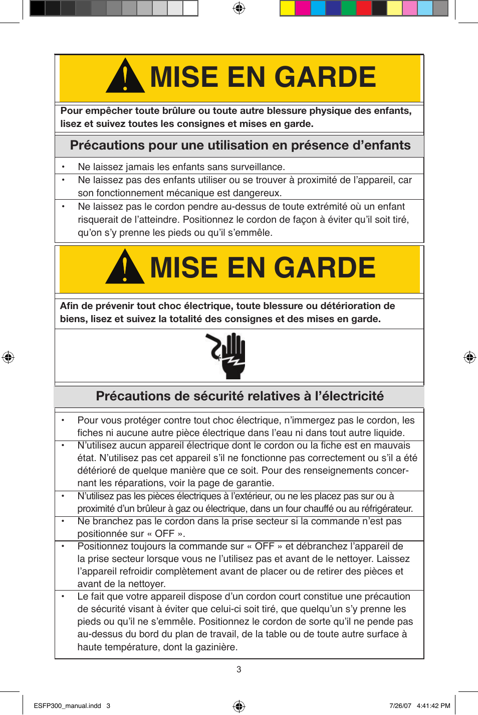 Mise en garde, Précautions de sécurité relatives à l’électricité | West Bend ESFP300 User Manual | Page 13 / 31