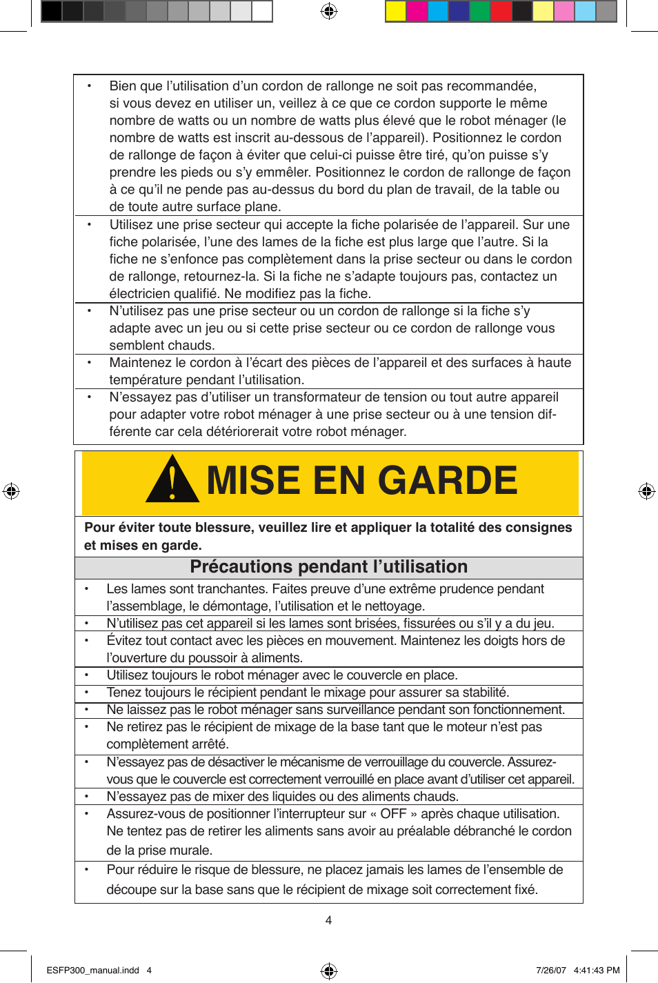 Mise en garde, Précautions pendant l’utilisation | West Bend ESFP300 User Manual | Page 14 / 31