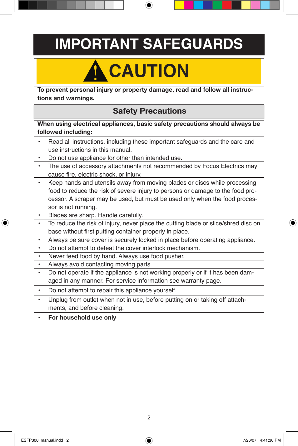 Caution, Important safeguards, Safety precautions | West Bend ESFP300 User Manual | Page 2 / 31
