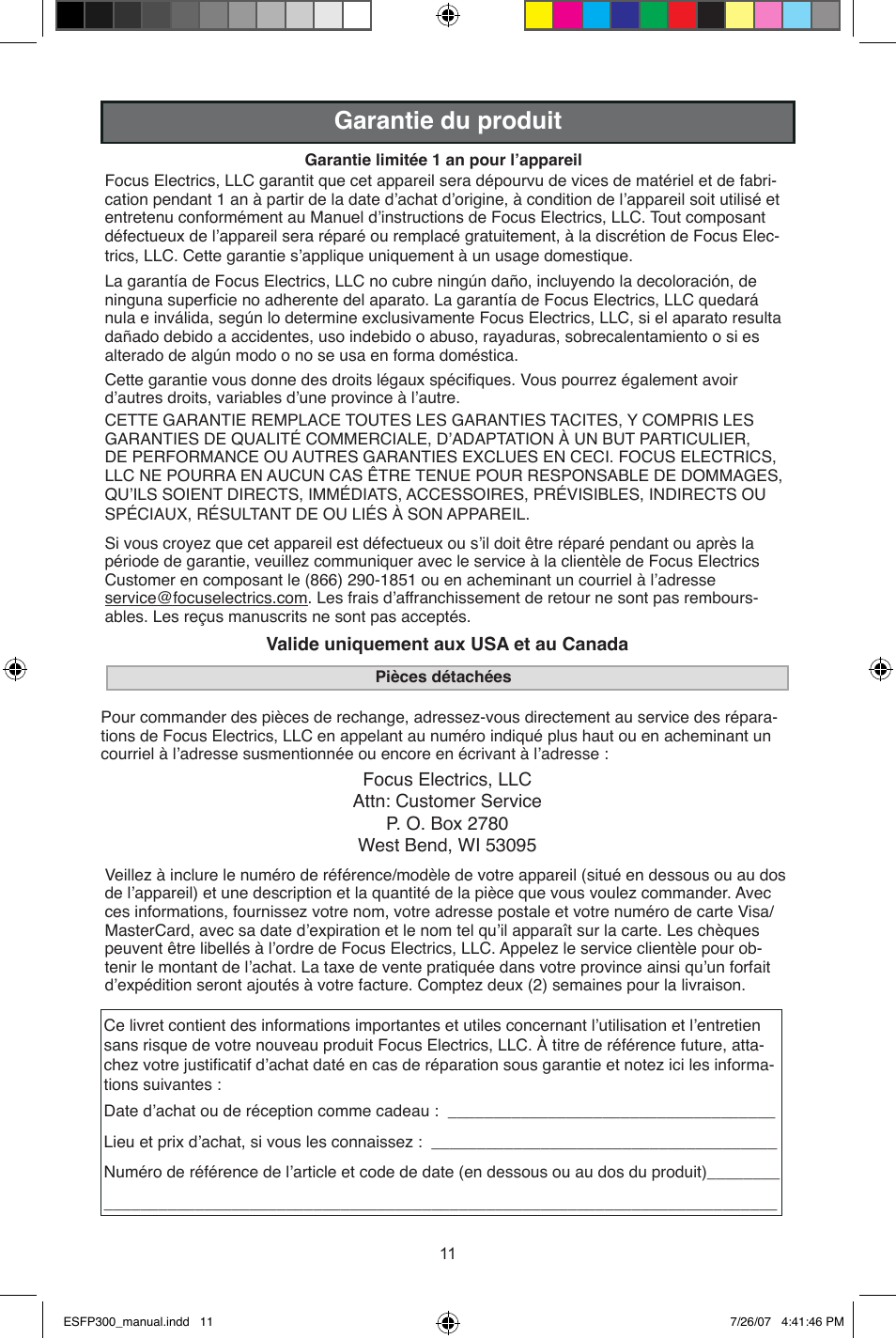 Garantie du produit | West Bend ESFP300 User Manual | Page 21 / 31