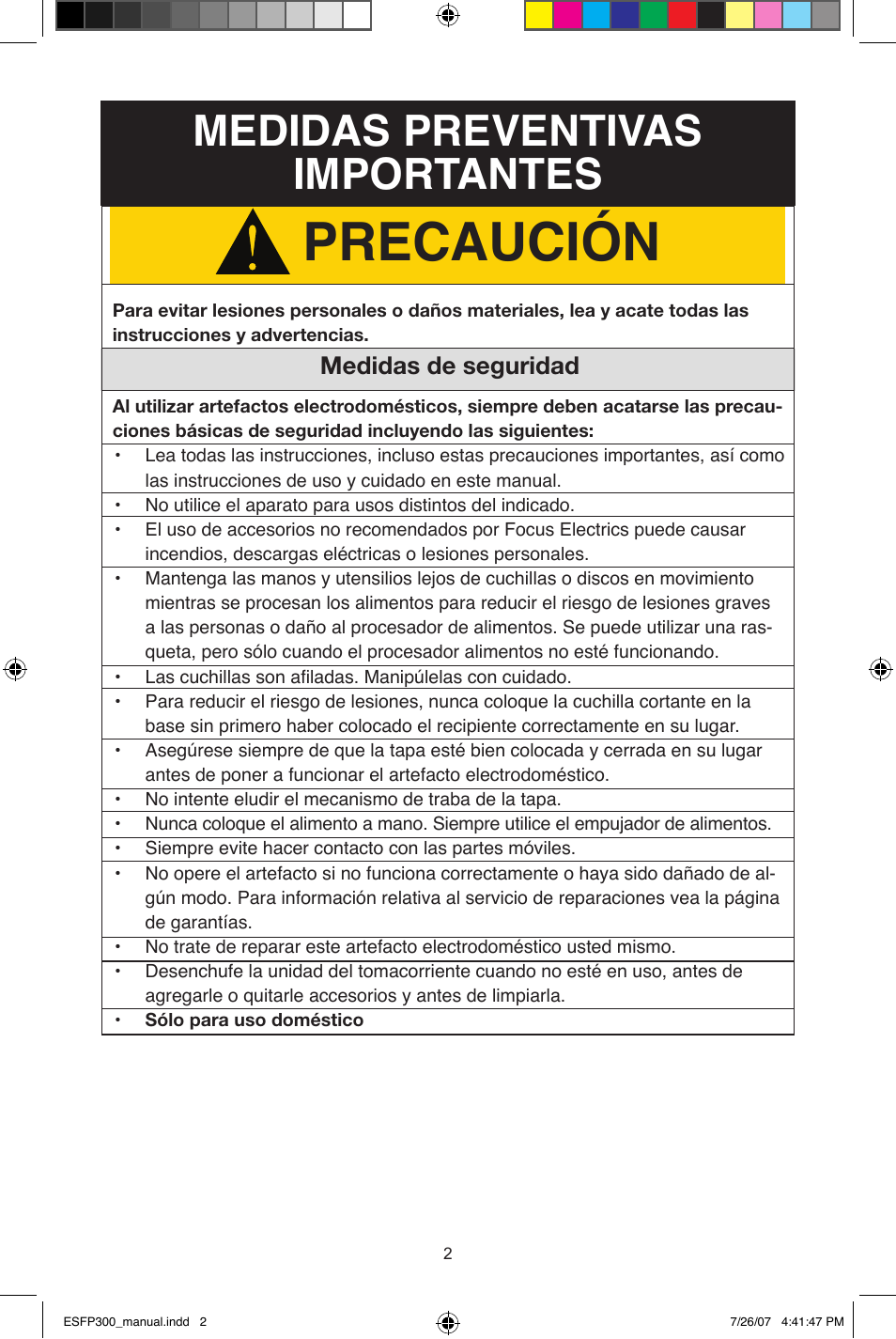 Precaución, Medidas preventivas importantes, Medidas de seguridad | West Bend ESFP300 User Manual | Page 23 / 31