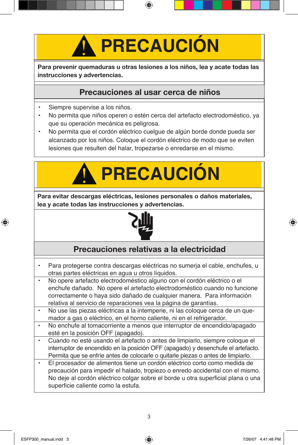 Precaución, Precauciones relativas a la electricidad, Precauciones al usar cerca de niños | West Bend ESFP300 User Manual | Page 24 / 31