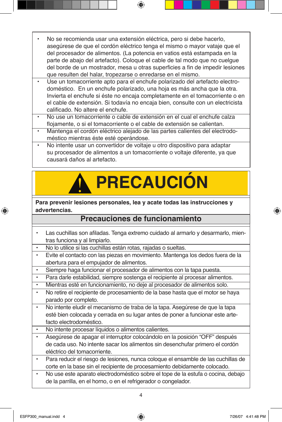 Precaución, Precauciones de funcionamiento | West Bend ESFP300 User Manual | Page 25 / 31