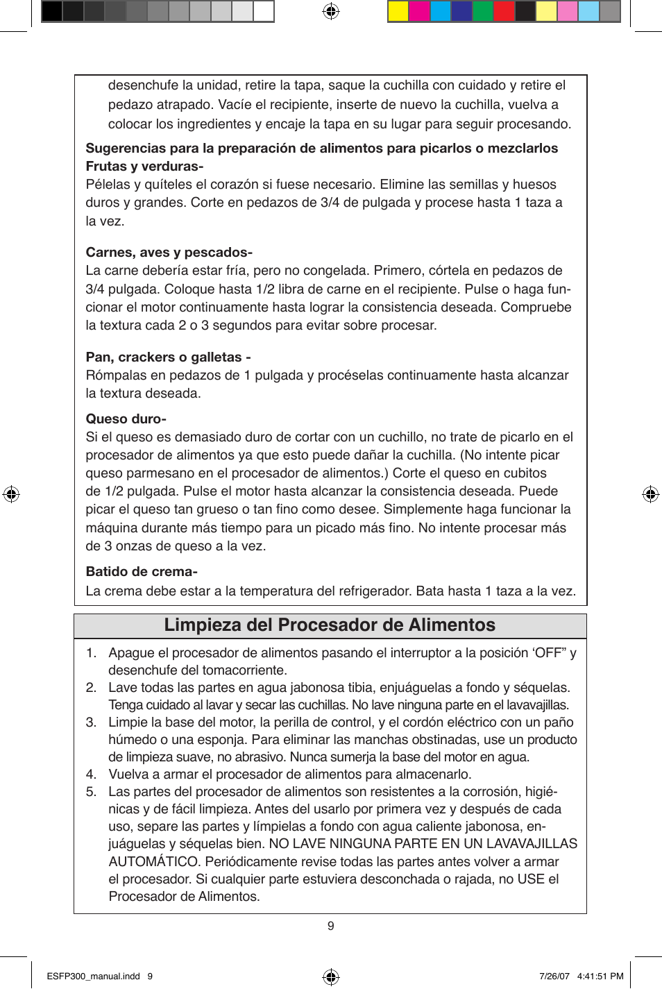 Limpieza del procesador de alimentos | West Bend ESFP300 User Manual | Page 30 / 31