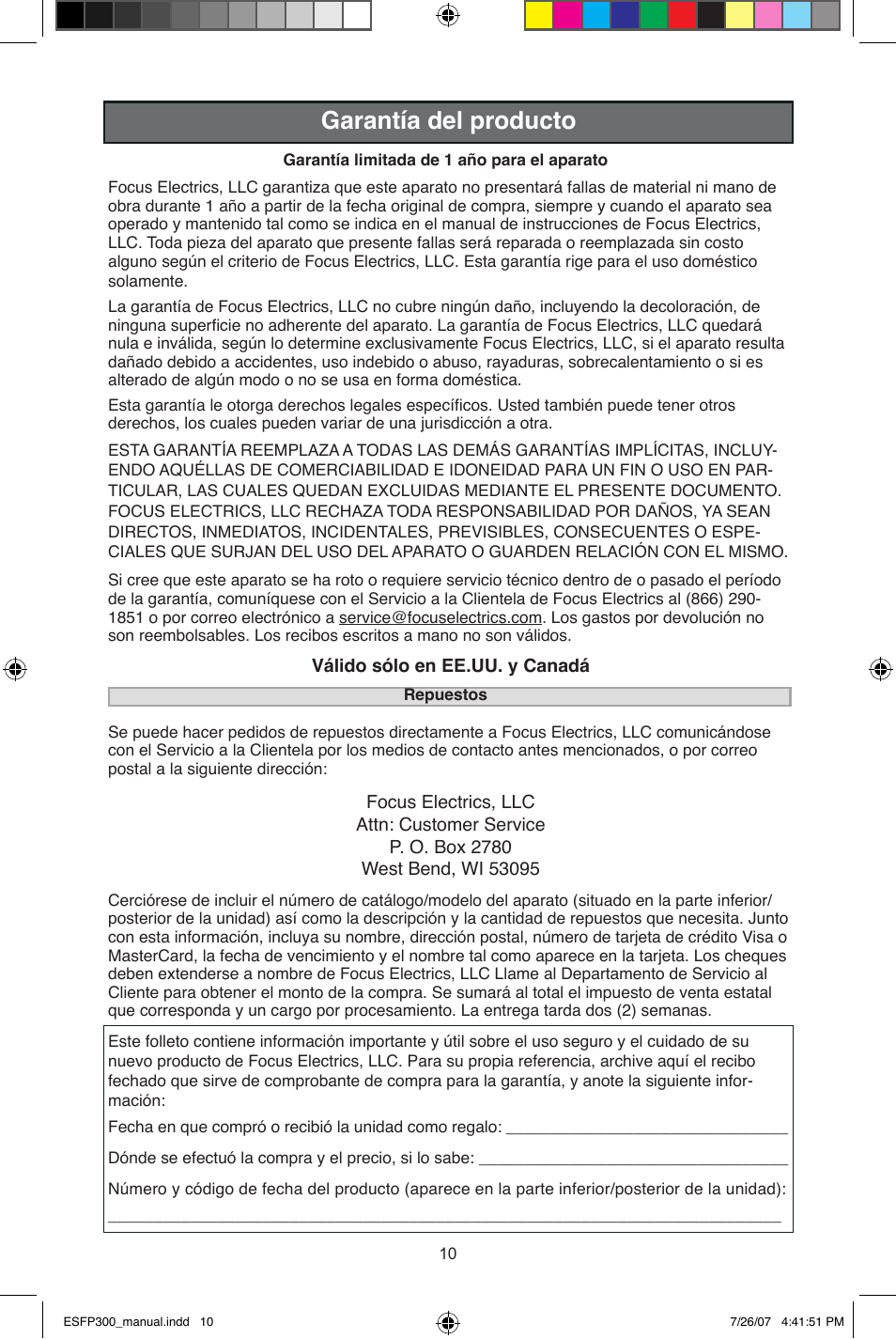 Garantía del producto | West Bend ESFP300 User Manual | Page 31 / 31