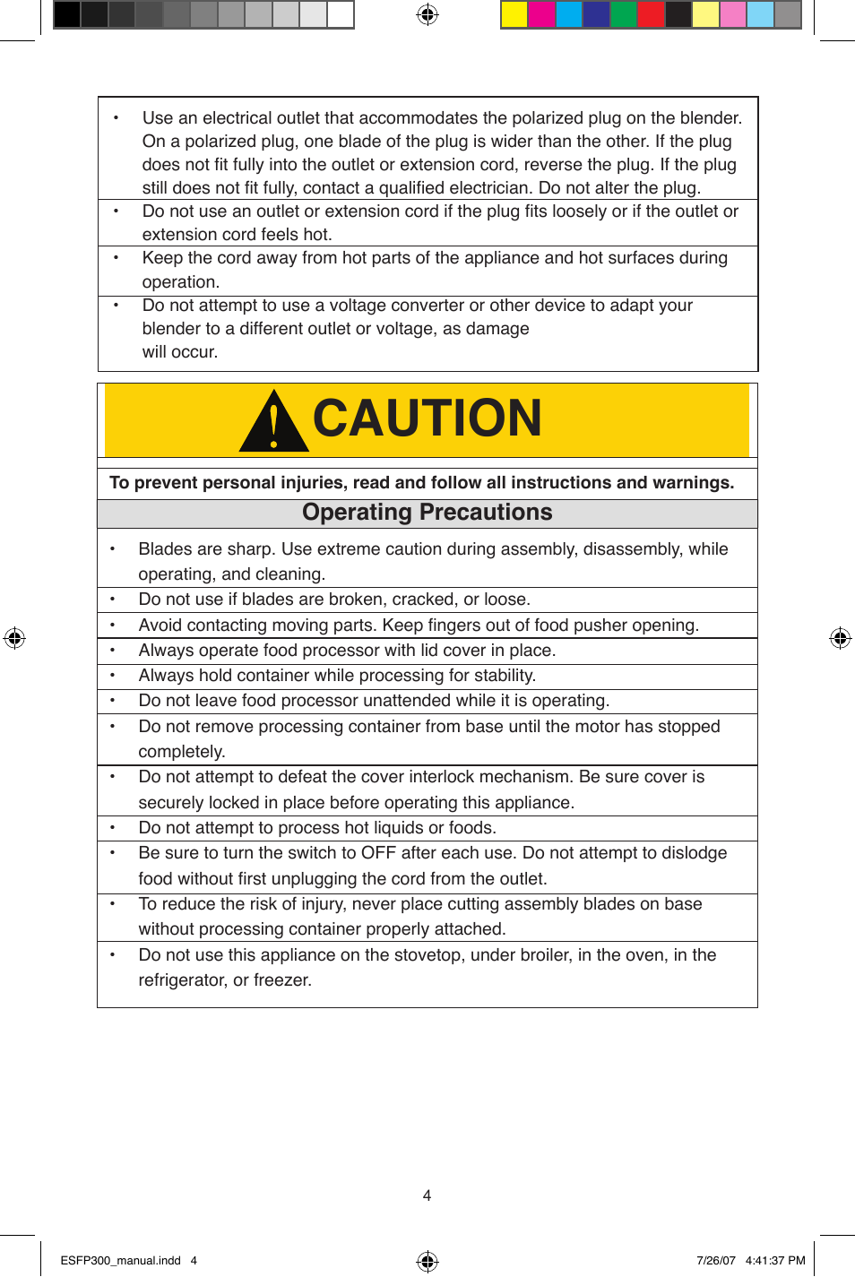 Caution, Operating precautions | West Bend ESFP300 User Manual | Page 4 / 31