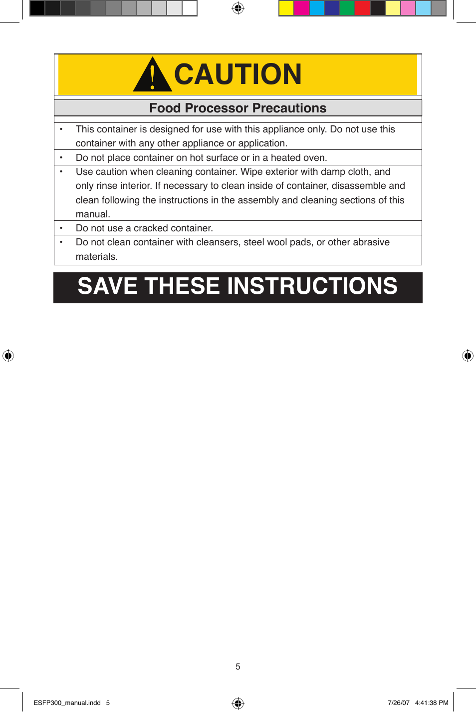Caution, Save these instructions, Food processor precautions | West Bend ESFP300 User Manual | Page 5 / 31