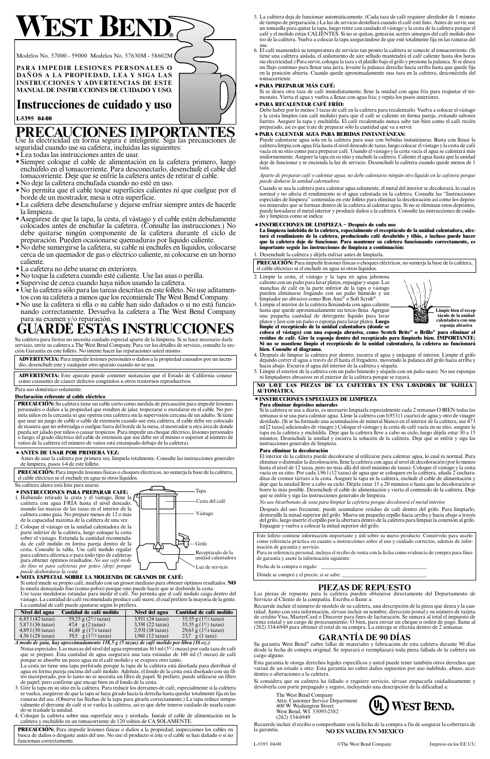 Guarde estas instrucciones, Precauciones importantes, Instrucciones de cuidado y uso | Piezas de repuesto, Garantía de 90 días | West Bend 57000 User Manual | Page 2 / 2