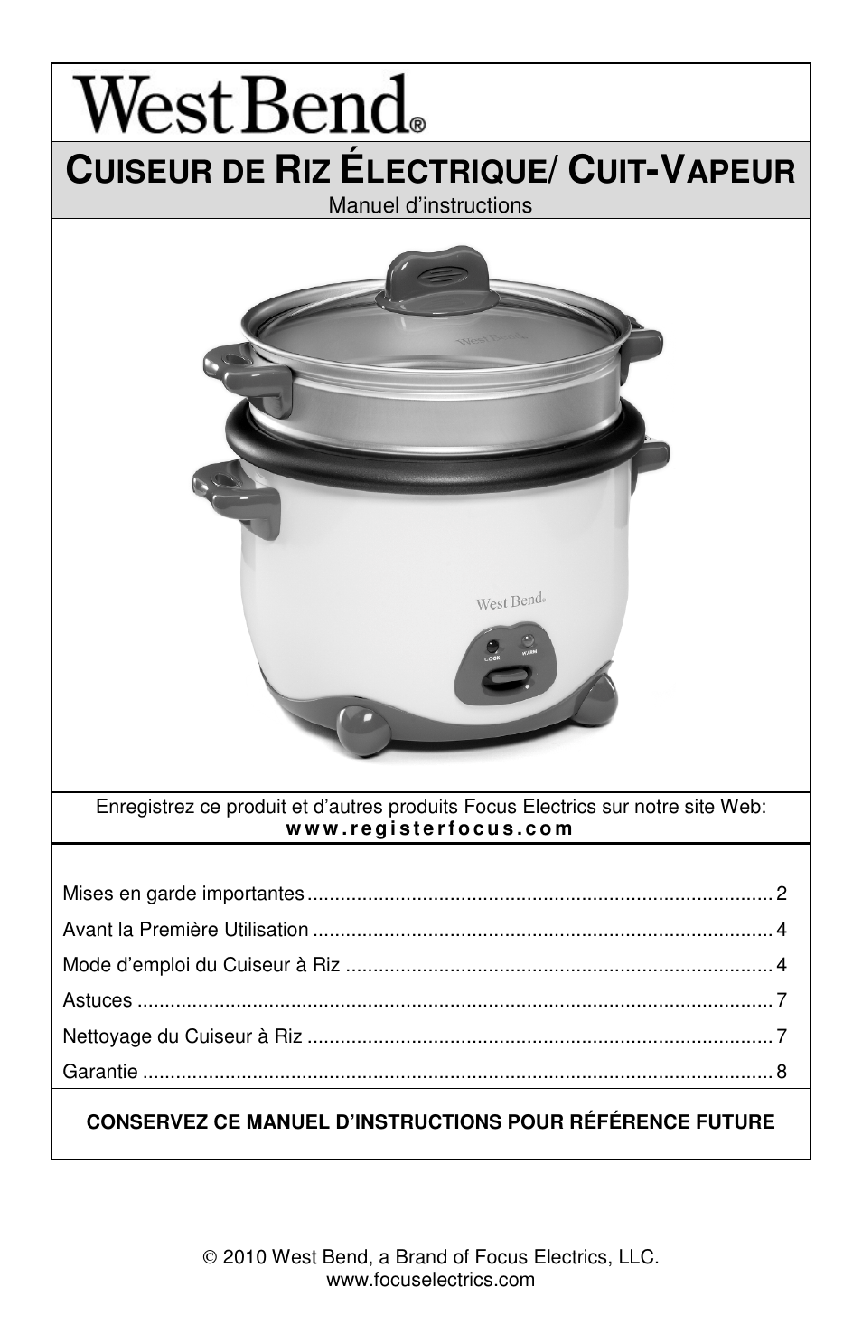 Uiseur de, Lectrique, Apeur | West Bend L5808 User Manual | Page 8 / 24