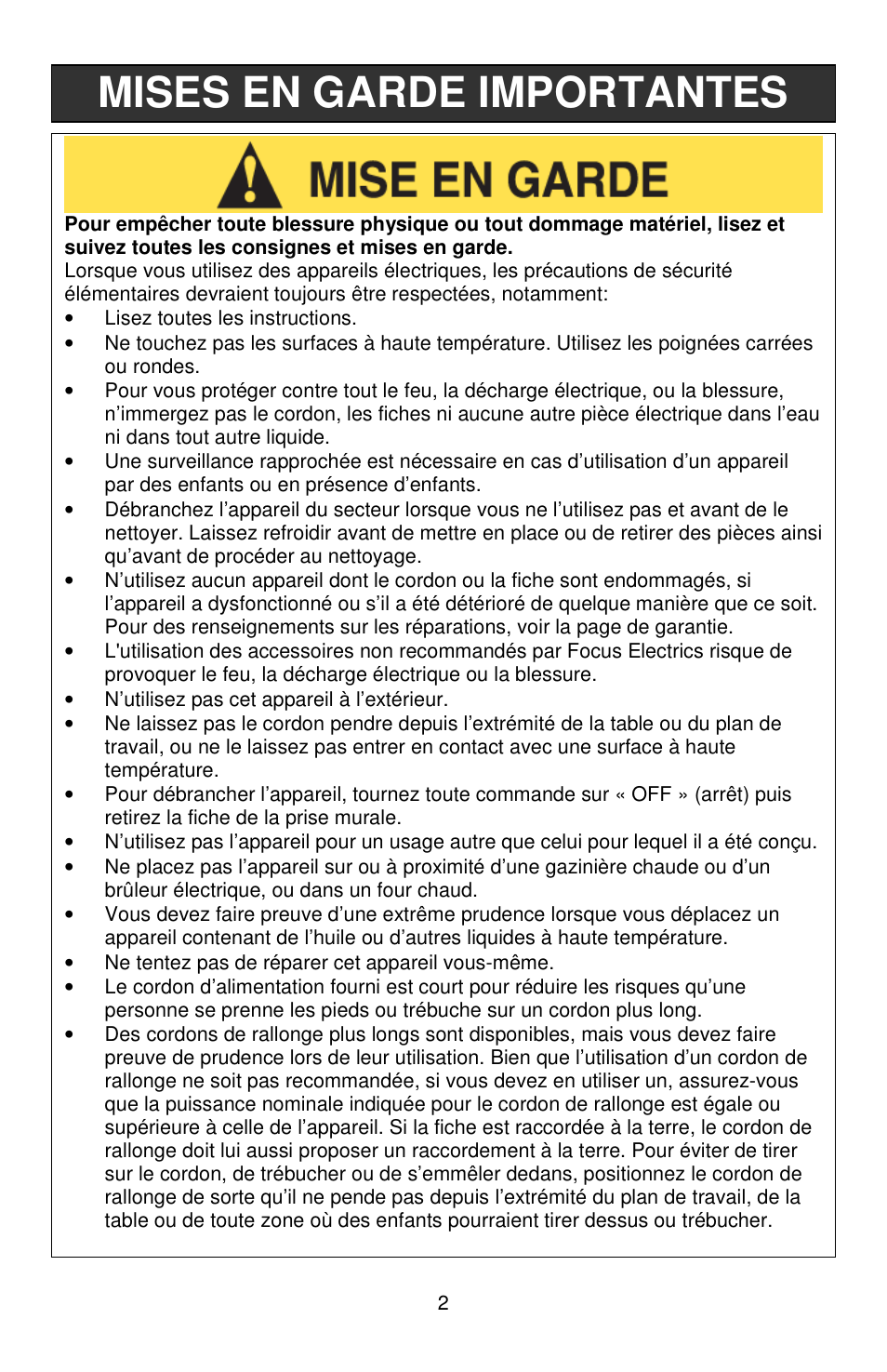Mises en garde importantes | West Bend L5808 User Manual | Page 9 / 24