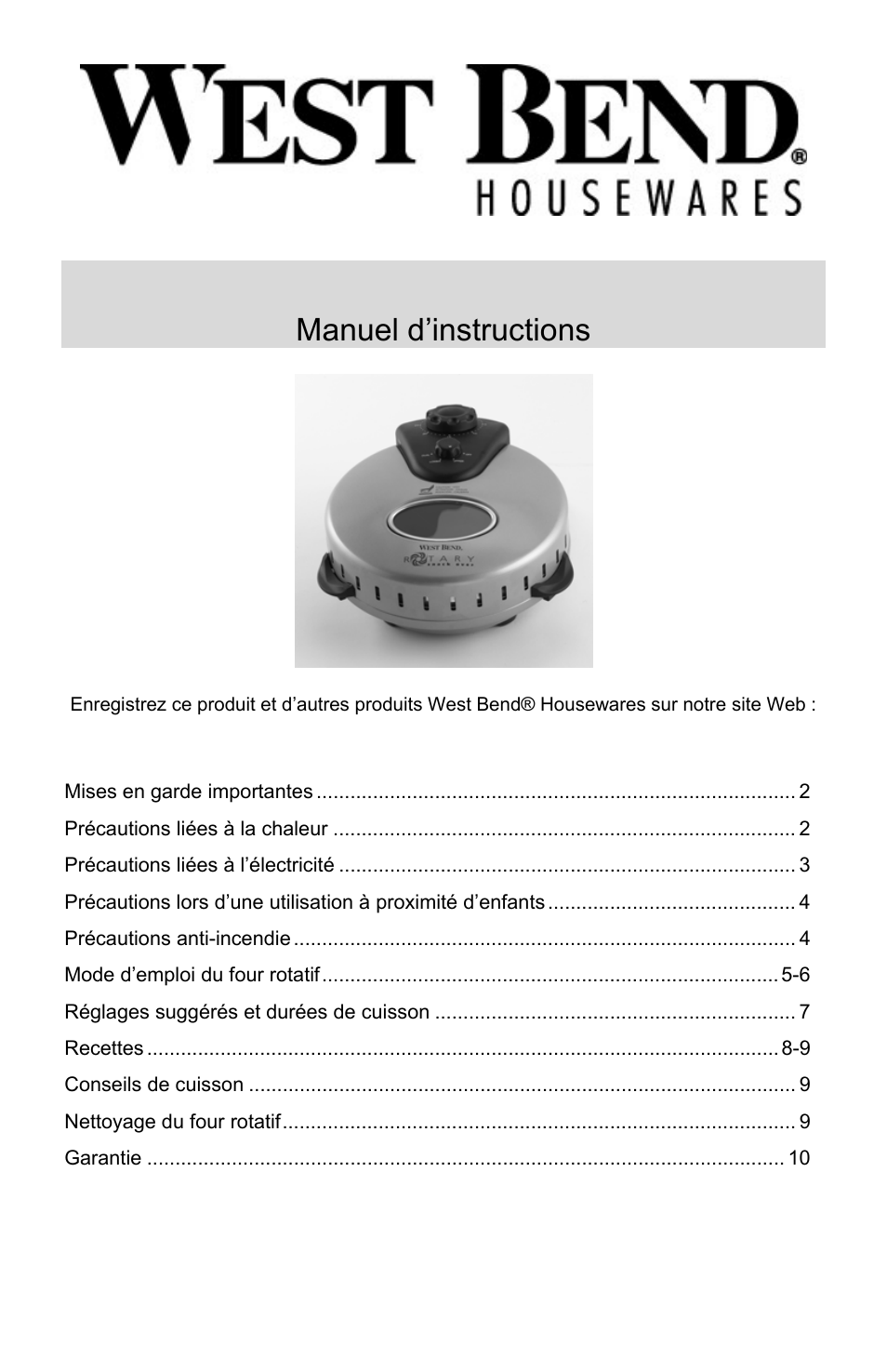 Four rotatif, Manuel d’instructions | West Bend Rotisserie Oven User Manual | Page 11 / 32