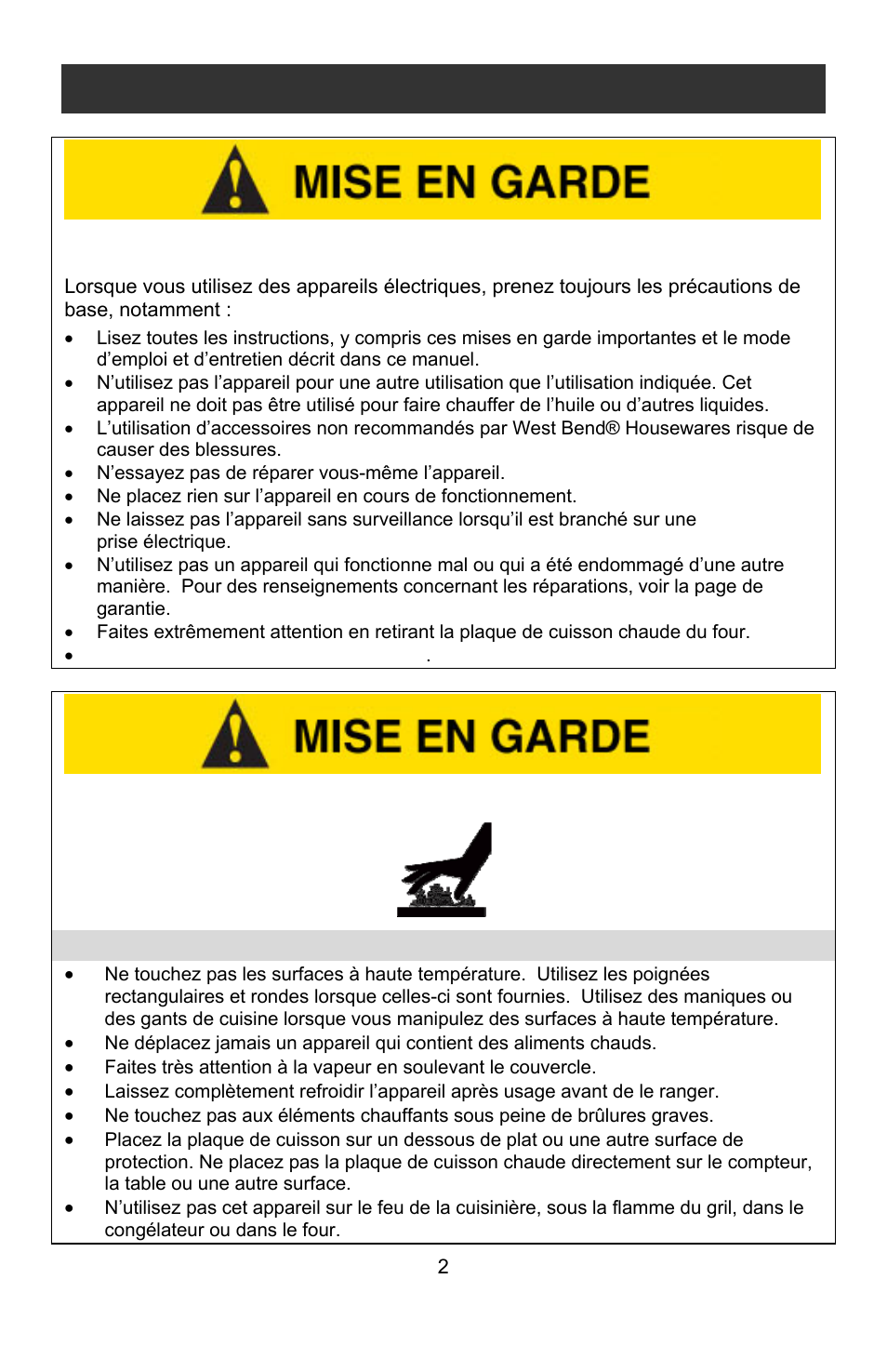 Précautions liées à la chaleur, Mises en garde importantes | West Bend Rotisserie Oven User Manual | Page 12 / 32