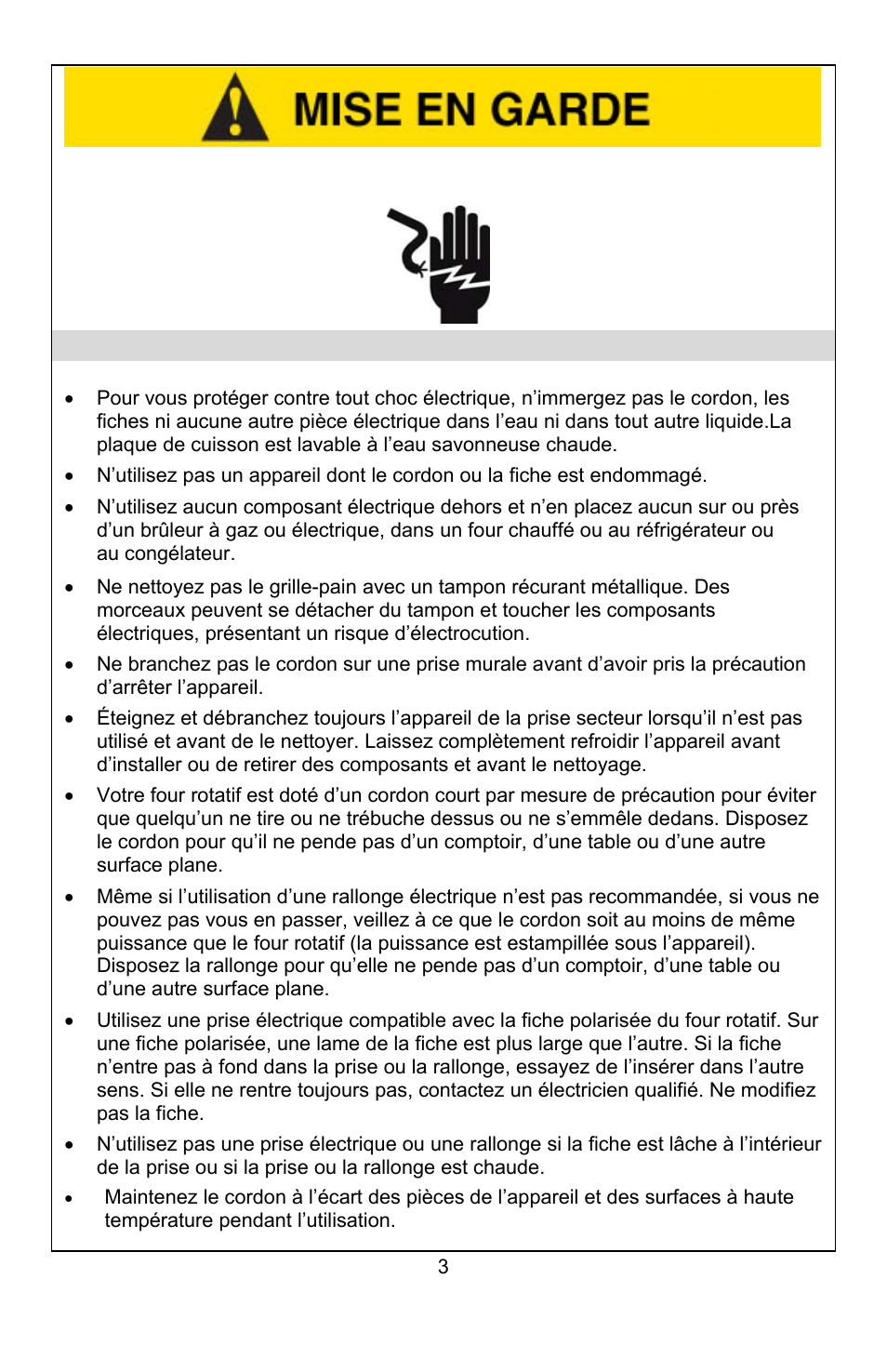 Précautions liées à l’électricité | West Bend Rotisserie Oven User Manual | Page 13 / 32