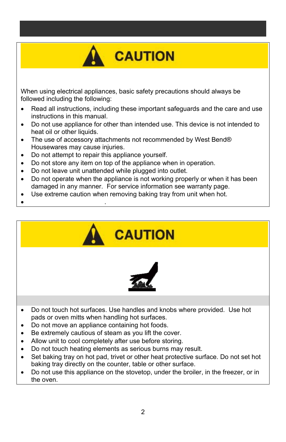 Heat precautions, Important safeguards | West Bend Rotisserie Oven User Manual | Page 2 / 32