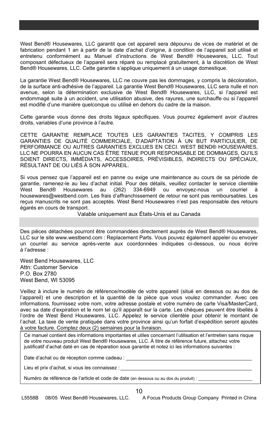 Garantie limitée 1 an pour l’appareil, Pièces détachées, Garantie du produit | West Bend Rotisserie Oven User Manual | Page 20 / 32