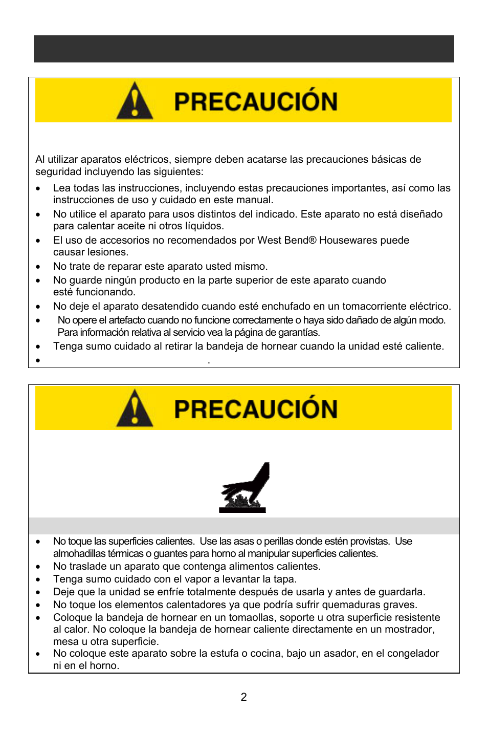 Precauciones de calentamiento, Precauciones importantes | West Bend Rotisserie Oven User Manual | Page 22 / 32