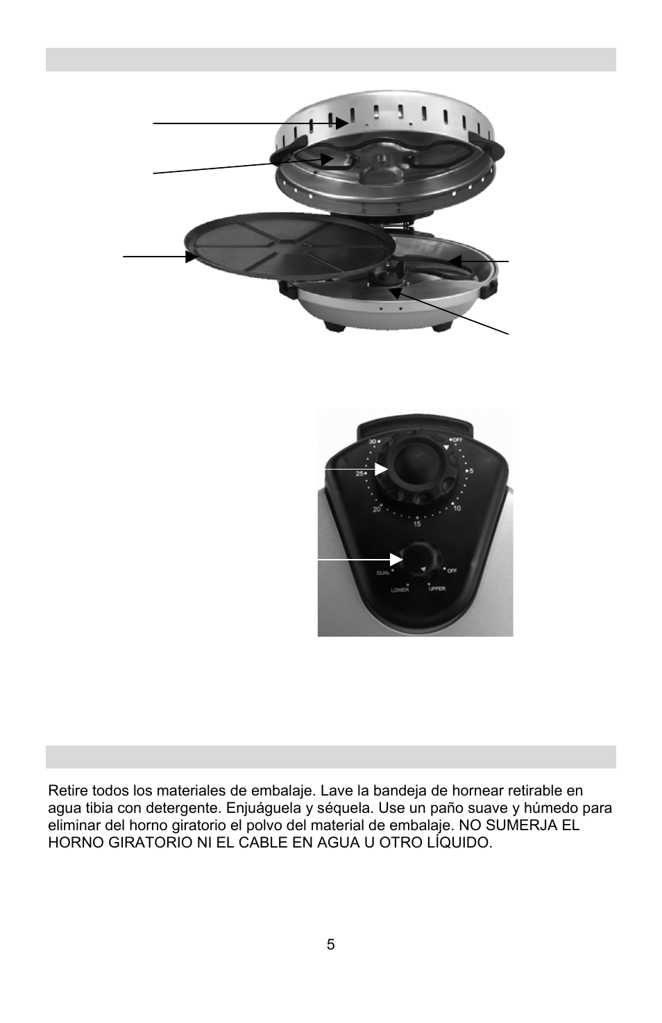 Uso del horno giratorio, Orificios de ventilación, Eje impulsor | Selección del temporizador, Antes de usar la unidad por primera vez | West Bend Rotisserie Oven User Manual | Page 25 / 32