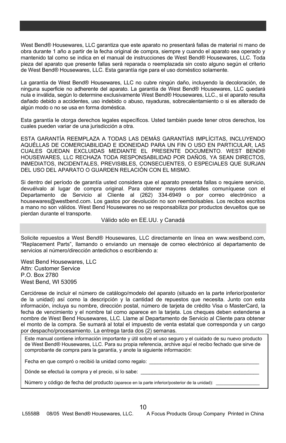 Garantía limitada de 1 año para el aparato, Repuestos, Garantía del producto | West Bend Rotisserie Oven User Manual | Page 30 / 32