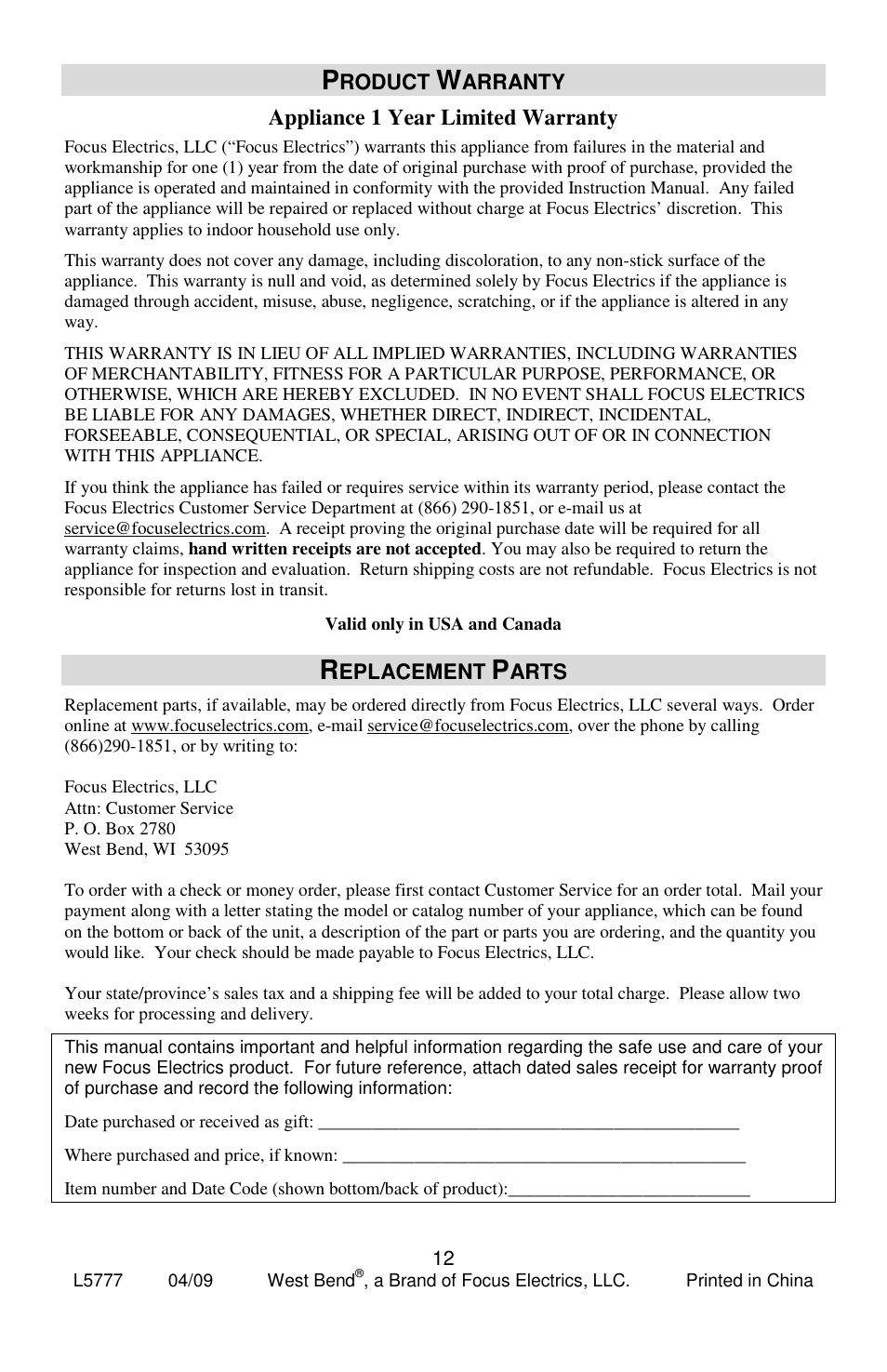 Appliance 1 year limited warranty | West Bend QUART CROCKERY 7 User Manual | Page 12 / 36