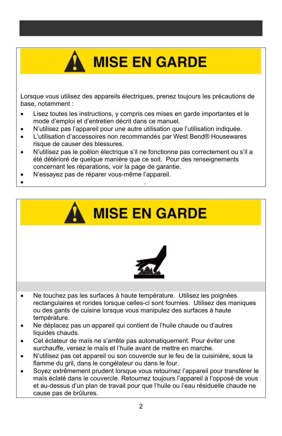 Précautions liées à la chaleur, Mises en garde importantes | West Bend 8 quart User Manual | Page 10 / 24