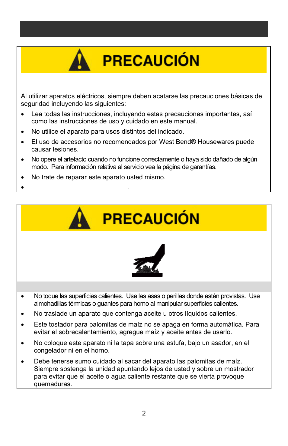 Precauciones de calentamiento, Precauciones importantes | West Bend 8 quart User Manual | Page 18 / 24