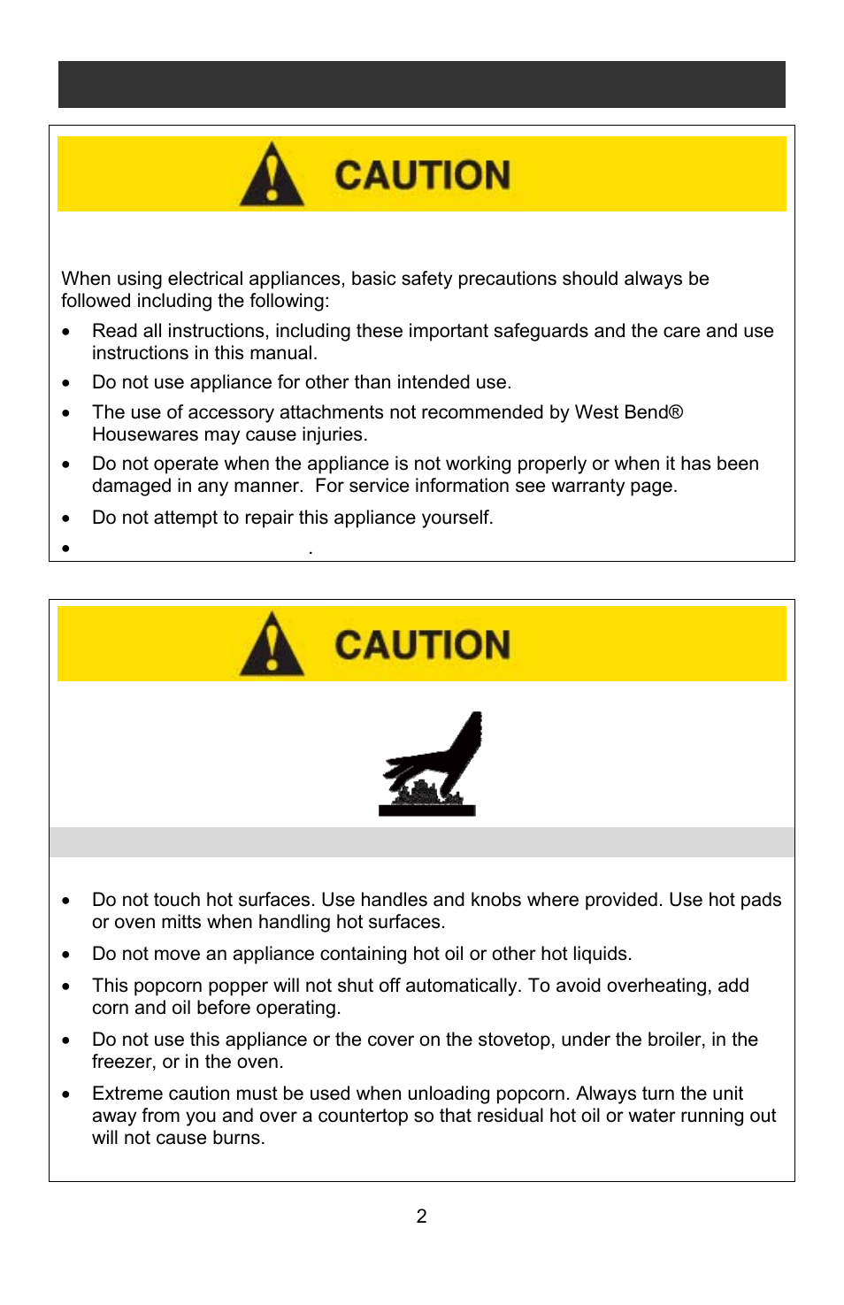 Heat precautions, Important safeguards | West Bend 8 quart User Manual | Page 2 / 24