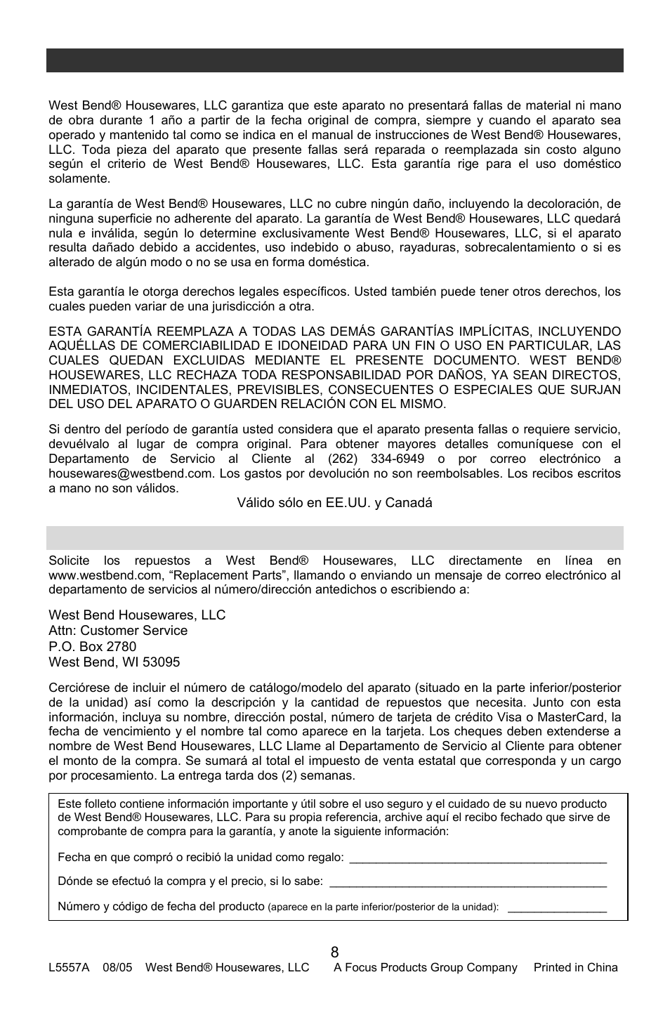 Garantía limitada de 1 año para el aparato, Repuestos, Garantía del producto | West Bend 8 quart User Manual | Page 24 / 24