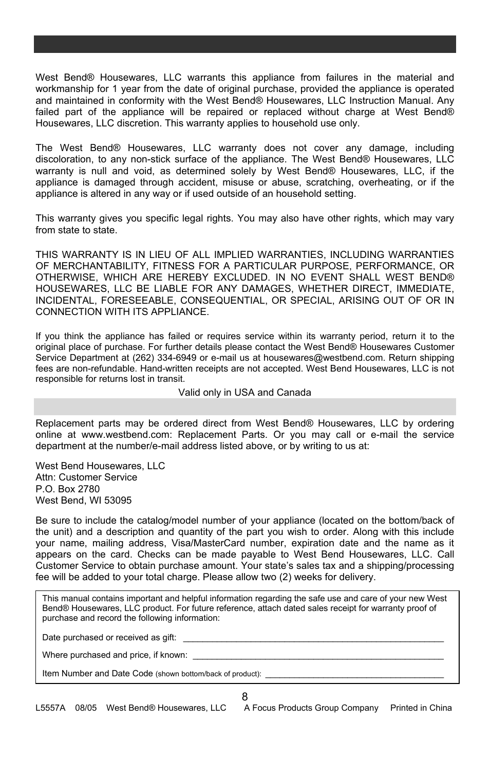Appliance 1 year limited warranty, Replacement parts, Product warranty | West Bend 8 quart User Manual | Page 8 / 24