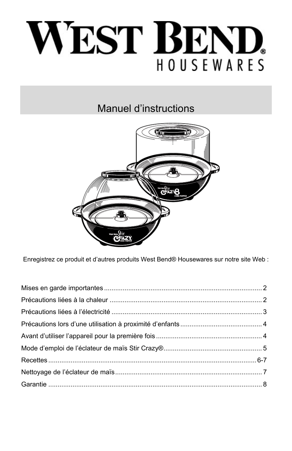 Éclateur de maïs stir crazy, Manuel d’instructions | West Bend 8 quart User Manual | Page 9 / 24