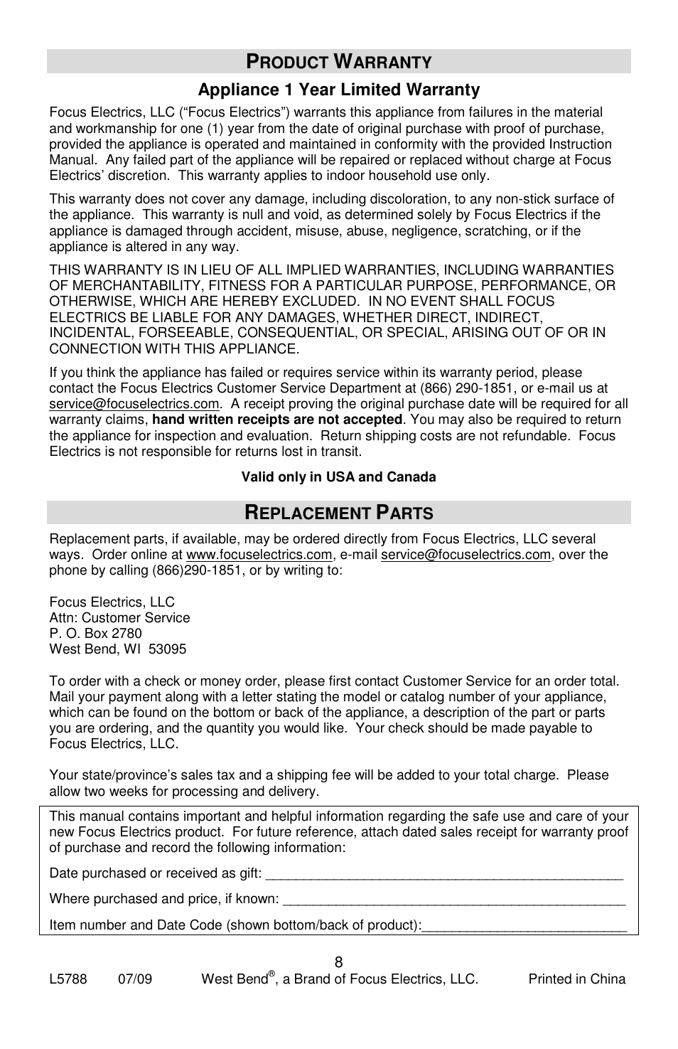 Appliance 1 year limited warranty | West Bend 76225 User Manual | Page 8 / 24