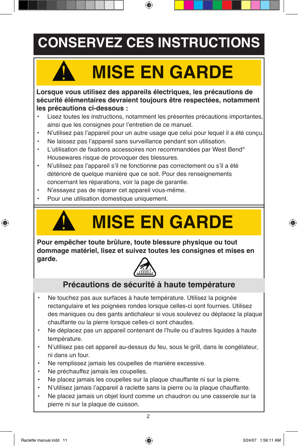 Mise en garde, Conservez ces instructions, Précautions de sécurité à haute température | West Bend Fondue Maker User Manual | Page 11 / 28