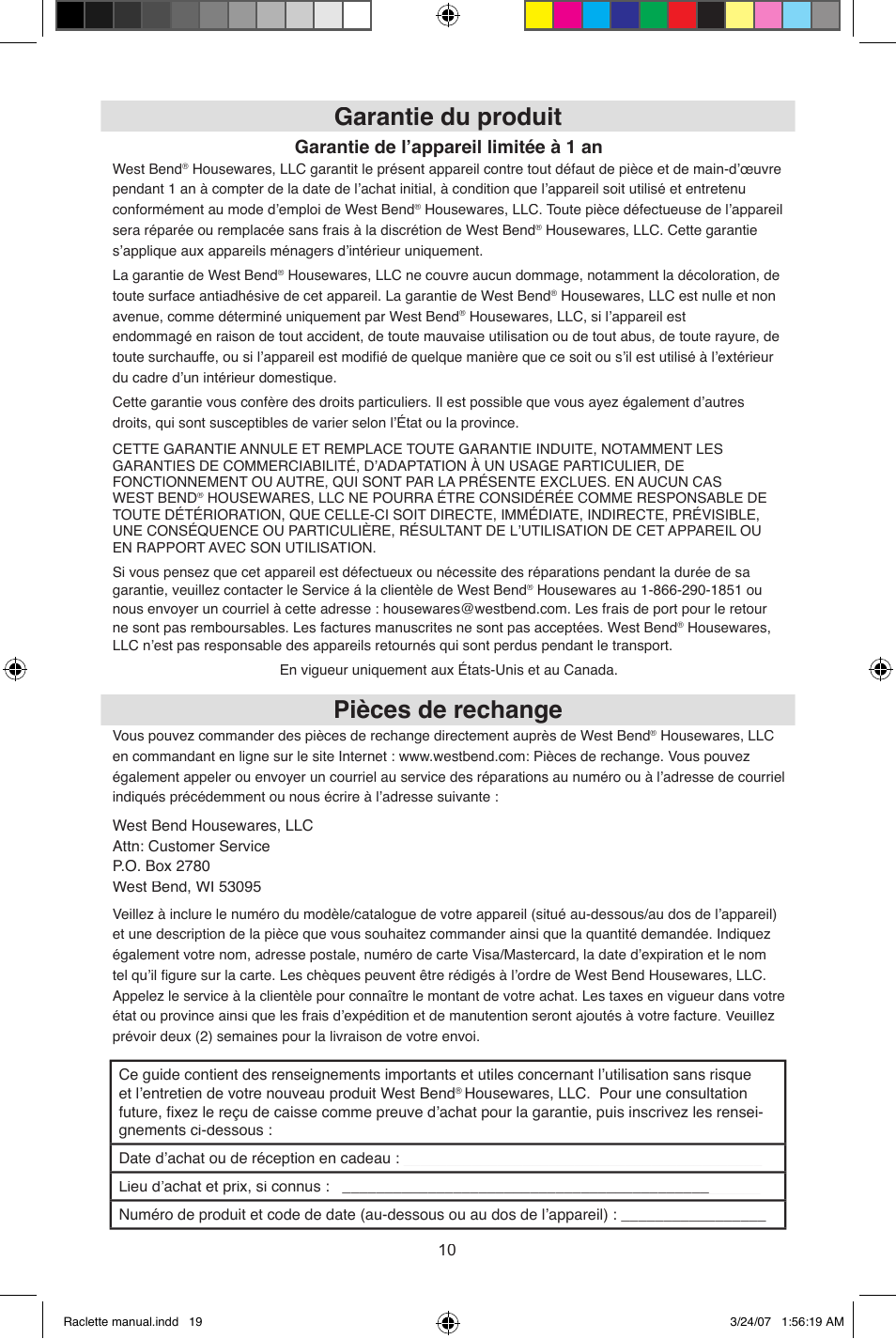 Garantie du produit, Pièces de rechange, Garantie de l’appareil limitée à 1 an | West Bend Fondue Maker User Manual | Page 19 / 28