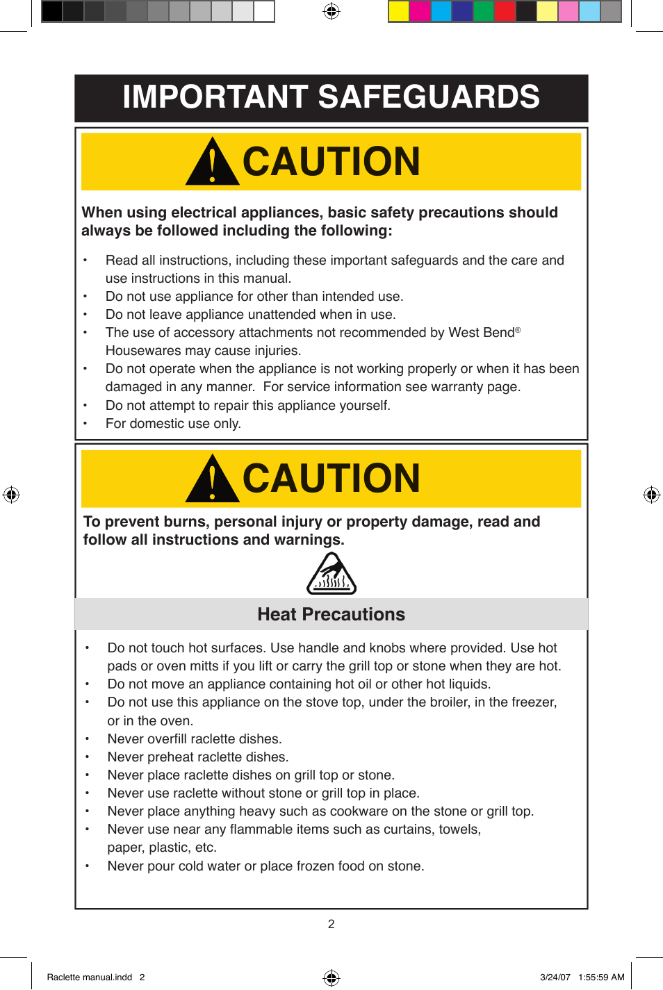 Caution, Important safeguards, Heat precautions | West Bend Fondue Maker User Manual | Page 2 / 28