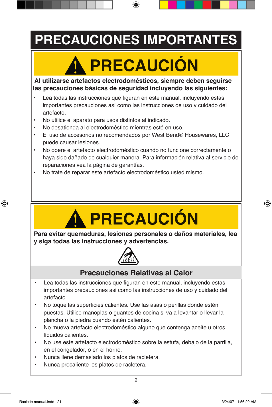 Precaución, Precauciones importantes, Precauciones relativas al calor | West Bend Fondue Maker User Manual | Page 21 / 28