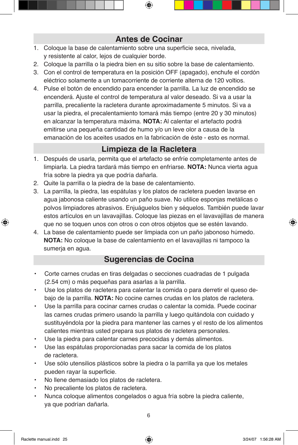 Antes de cocinar, Limpieza de la racletera, Sugerencias de cocina | West Bend Fondue Maker User Manual | Page 25 / 28