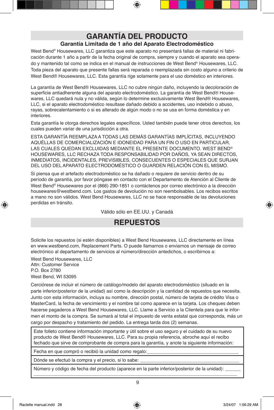 Garantía del producto, Repuestos | West Bend Fondue Maker User Manual | Page 28 / 28